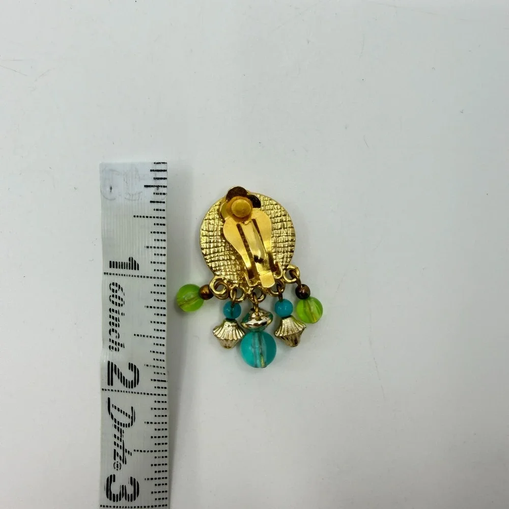 Blue Teal Green Beaded Clip On Earrings Gold Tone Cabochon Boho Statement Gift